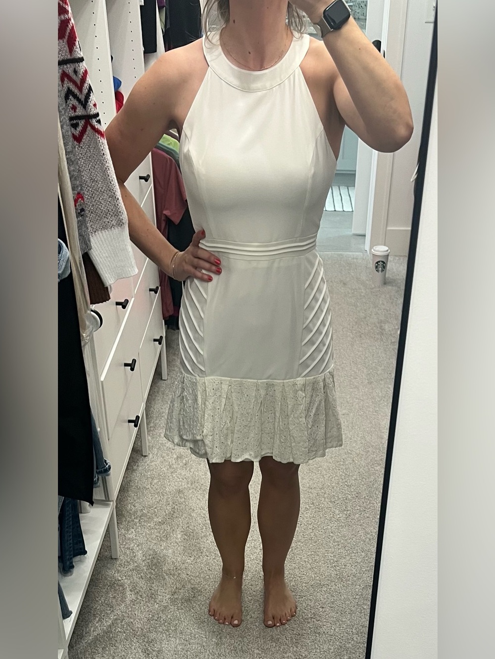 White Halter Fit-and-Flare Dress w/ Lace Ruffle Bridal Shower Bachelorette Med.